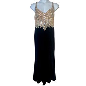Black Evening Gown with Gold Jewel Embellished Bodice Floor Length Dress Size 15
